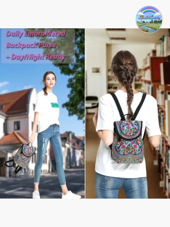 Vintage Embroidered Floral Backpack Purse - Lightweight Canvas Boho Shoulder Bag